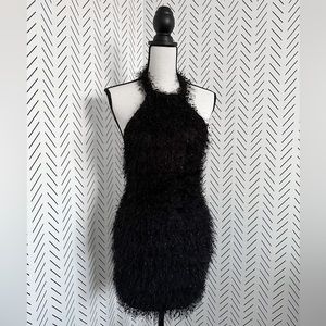 Black fuzzy backless halter neck bodycon party dress |